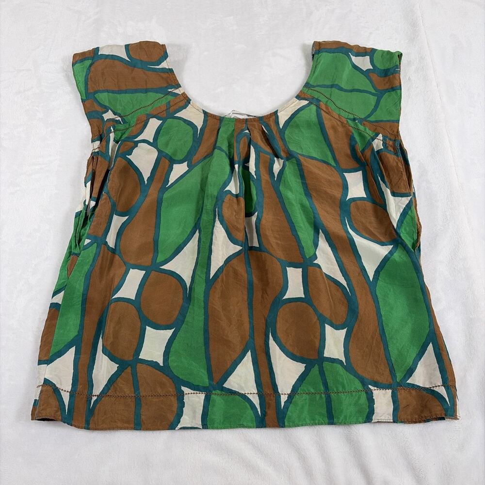 DIANE von FURSTENBERG 100% Silk Geometric Blouse Green Brown White Size 6 Chrty - Picture 8 of 9